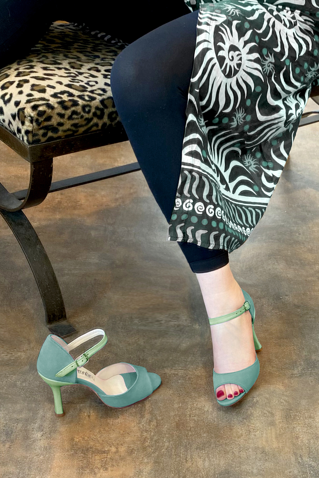 Mint green women's closed back sandals, with an instep strap. Round toe. High spool heels. Worn view - Florence KOOIJMAN